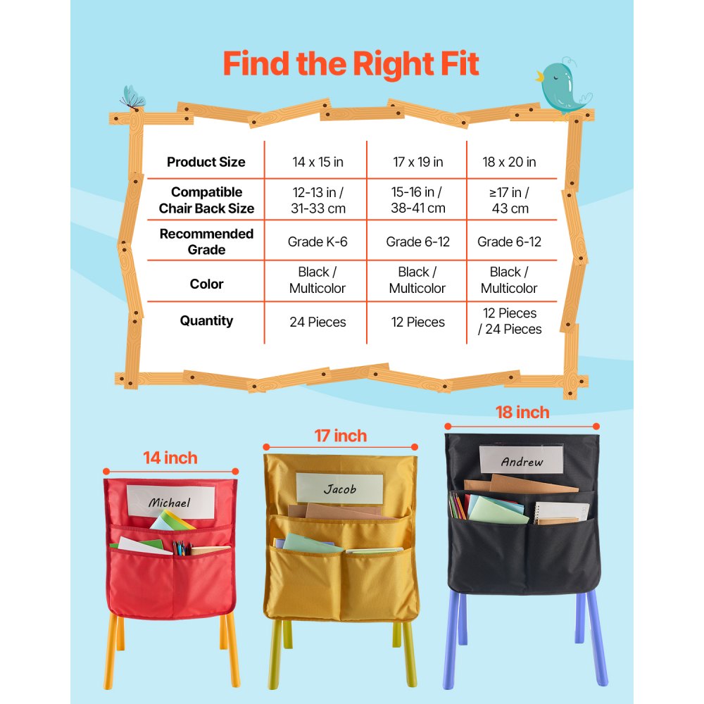 VEVOR Chair Pockets for Classroom, 24 Pack, 14 x 15 Inches Chairback Buddy Pocket with Name Tag, Back of Chair Organizer for Kids in Classroom, Kindergarten, School, and Home, Black