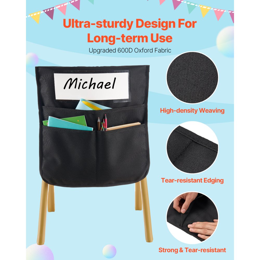 VEVOR Chair Pockets for Classroom, 12 Pack, 17 x 19 Inches Chairback Buddy Pocket with Name Tag, Back of Chair Organizer for Kids in Classroom, Kindergarten, School, and Home, Black