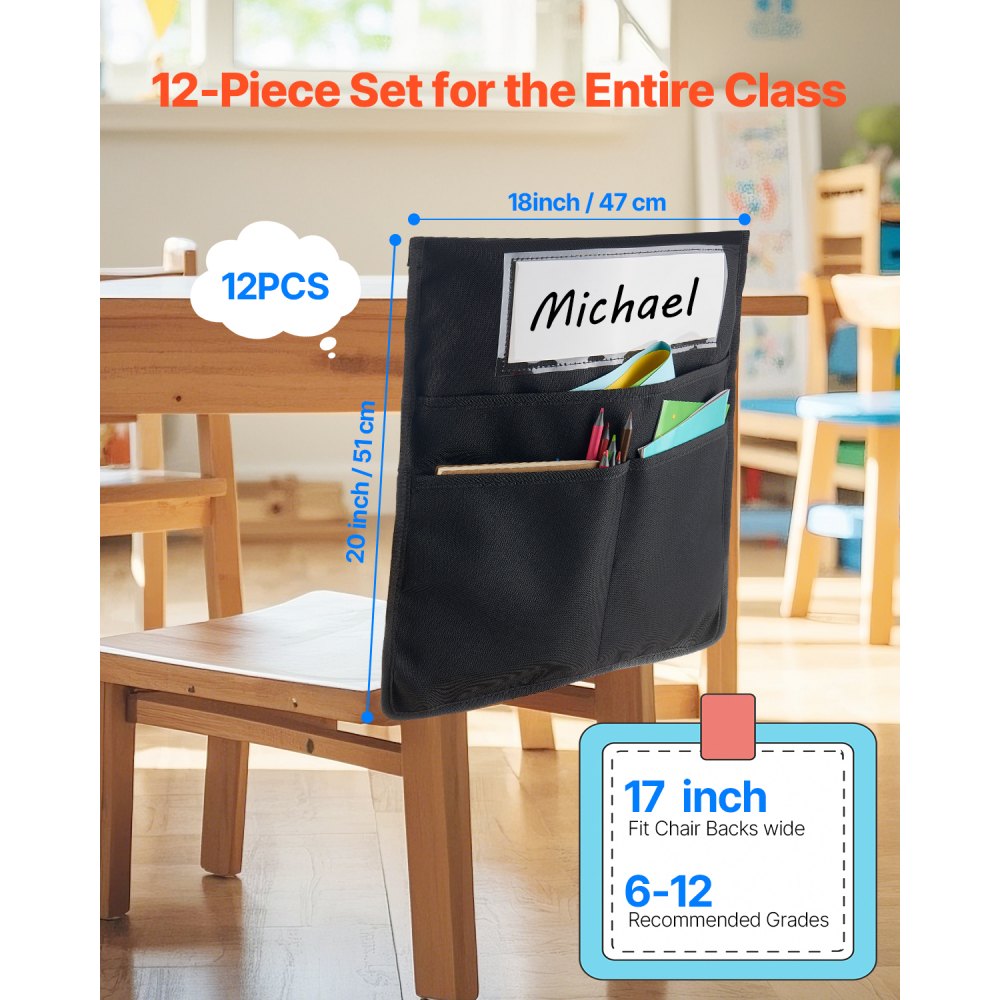 VEVOR Chair Pockets for Classroom, 12 Pack, 18 x 20 Inches Chairback Buddy Pocket with Name Tag, Back of Chair Organizer for Kids in Classroom, Kindergarten, School, and Home, Black