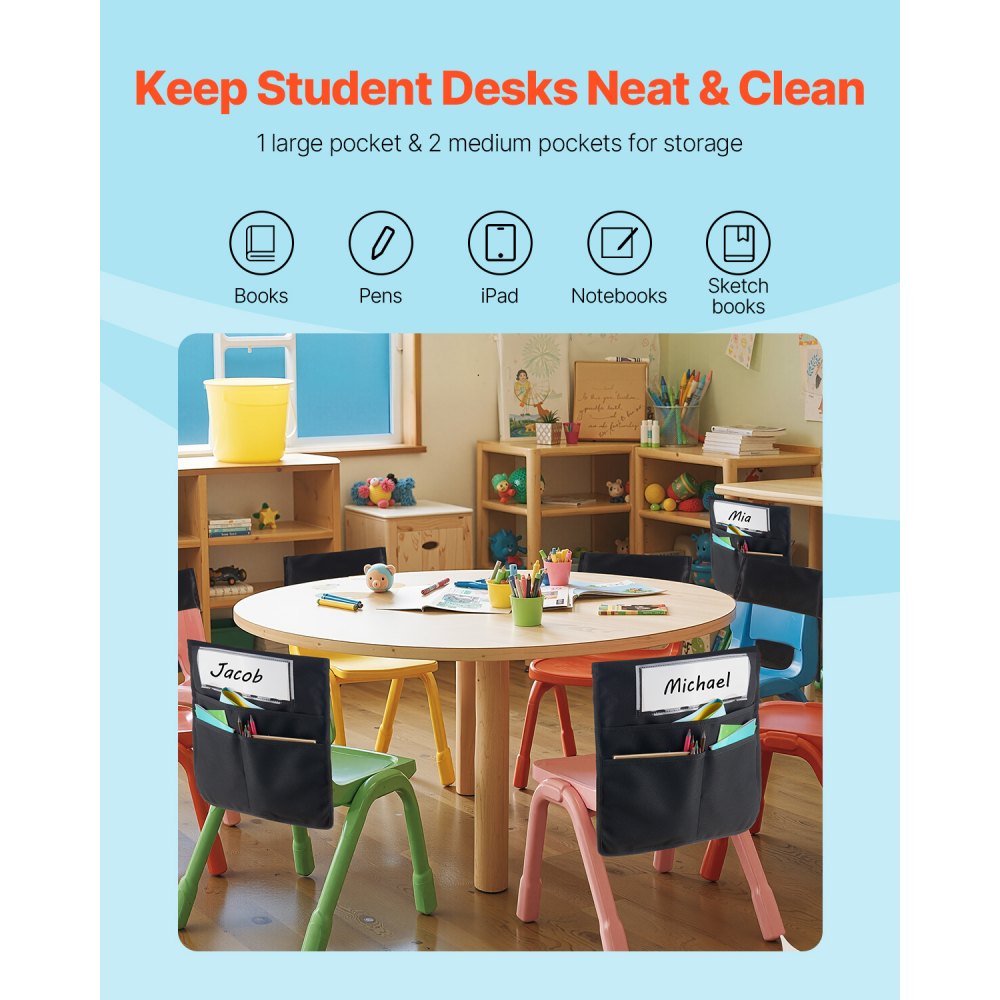 VEVOR Chair Pockets for Classroom, 12 Pack, 18 x 20 Inches Chairback Buddy Pocket with Name Tag, Back of Chair Organizer for Kids in Classroom, Kindergarten, School, and Home, Black