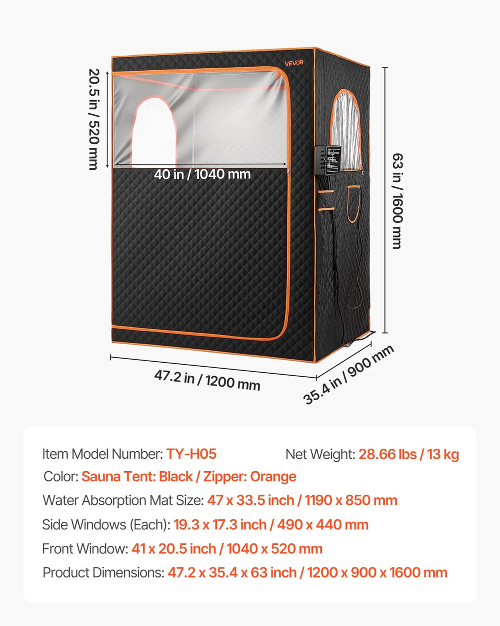 Product size and dimensions infographic for VEVOR 2 person portable sauna tent