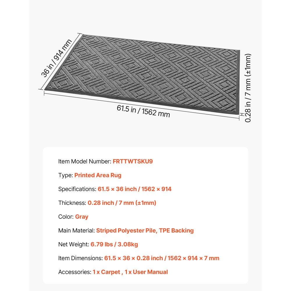 VEVOR Front Door Mat, 61.5 x 36 in Commercial Floor Mat for Indoor and Outdoor, Modern Stylish Carpet with TPE Backing, Heavy Duty Washable Entry Industrial Rug for Hallway, Balcony, Garage, Grey