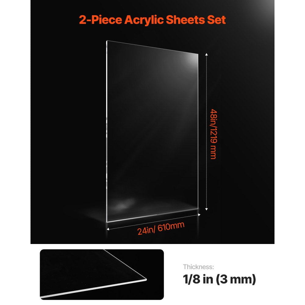 VEVOR Plexiglass Acrylic Sheets, 2-Pack Plastic Sheet, 24 x 48 Inch 1/8 Inch Thick Clear Plastic Cast Transparent Glass for Crafting Projects, Replacement Picture Frame Glass, DIY Display, Easy to Cut