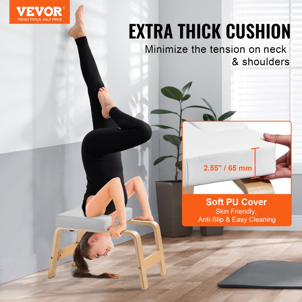 VEVOR Yoga Headstand Bench, 300 lbs Capacity Yoga Inversion Chair for Family Gym, Headstand Trainer with Wood Frame & PU Pad, Stand Yoga Stool for Strength Balance Training, Relieve Fatigue, White