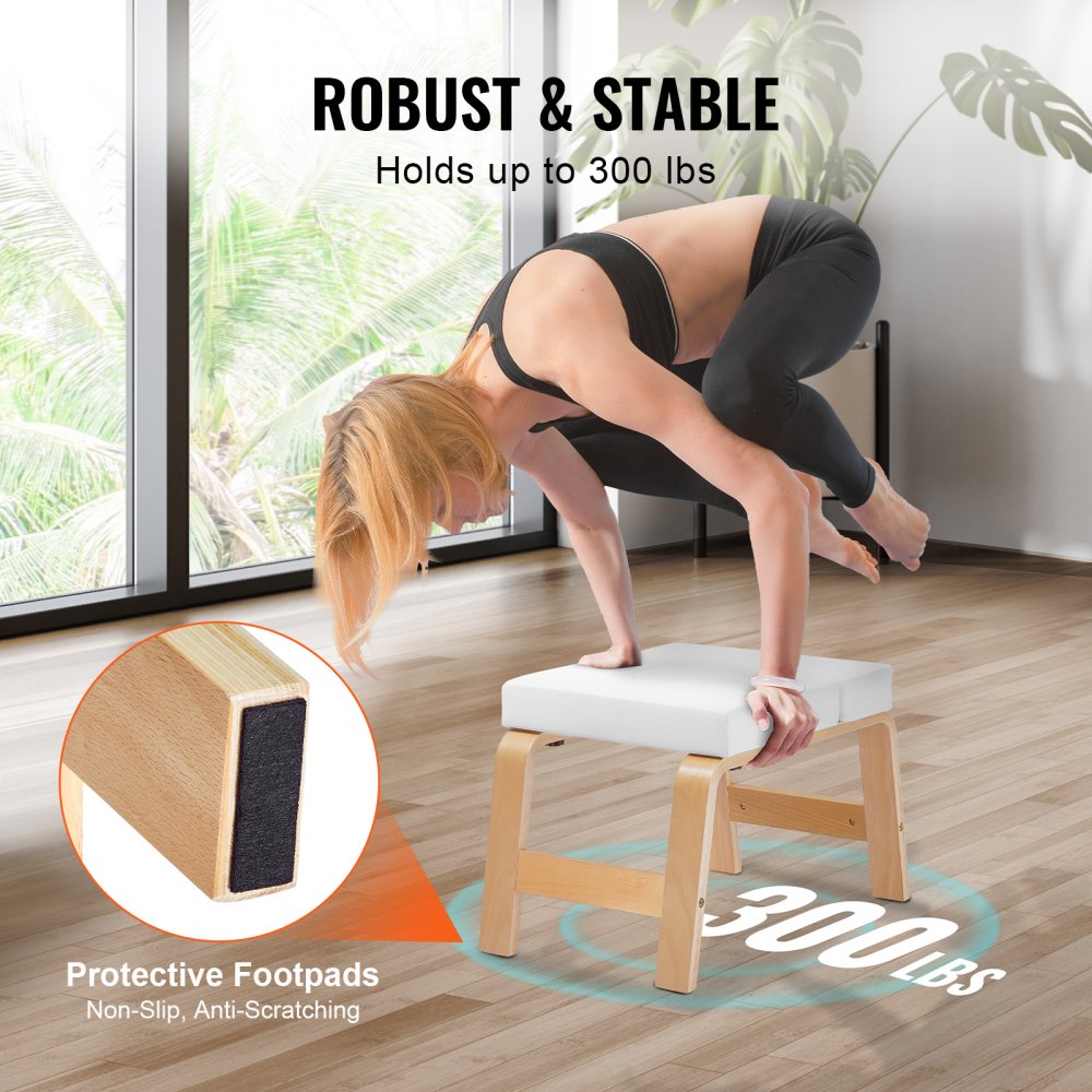VEVOR Yoga Headstand Bench, 300 lbs Capacity Yoga Inversion Chair for Family Gym, Headstand Trainer with Wood Frame & PU Pad, Stand Yoga Stool for Strength Balance Training, Relieve Fatigue, White