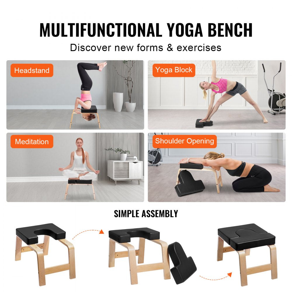 VEVOR Yoga Headstand Bench, 300 lbs Capacity Yoga Inversion Chair for Family Gym, Headstand Trainer with Wood Frame & PU Pad, Stand Yoga Stool for Strength Balance Training, Relieve Fatigue, Black
