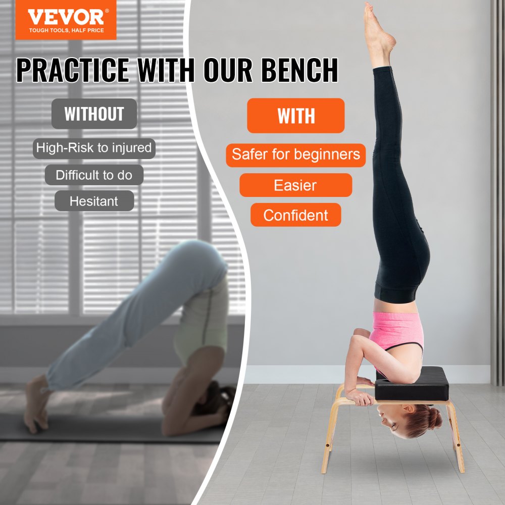 VEVOR Yoga Headstand Bench, 300 lbs Capacity Yoga Inversion Chair for Family Gym, Headstand Trainer with Wood Frame & PU Pad, Stand Yoga Stool for Strength Balance Training, Relieve Fatigue, Black