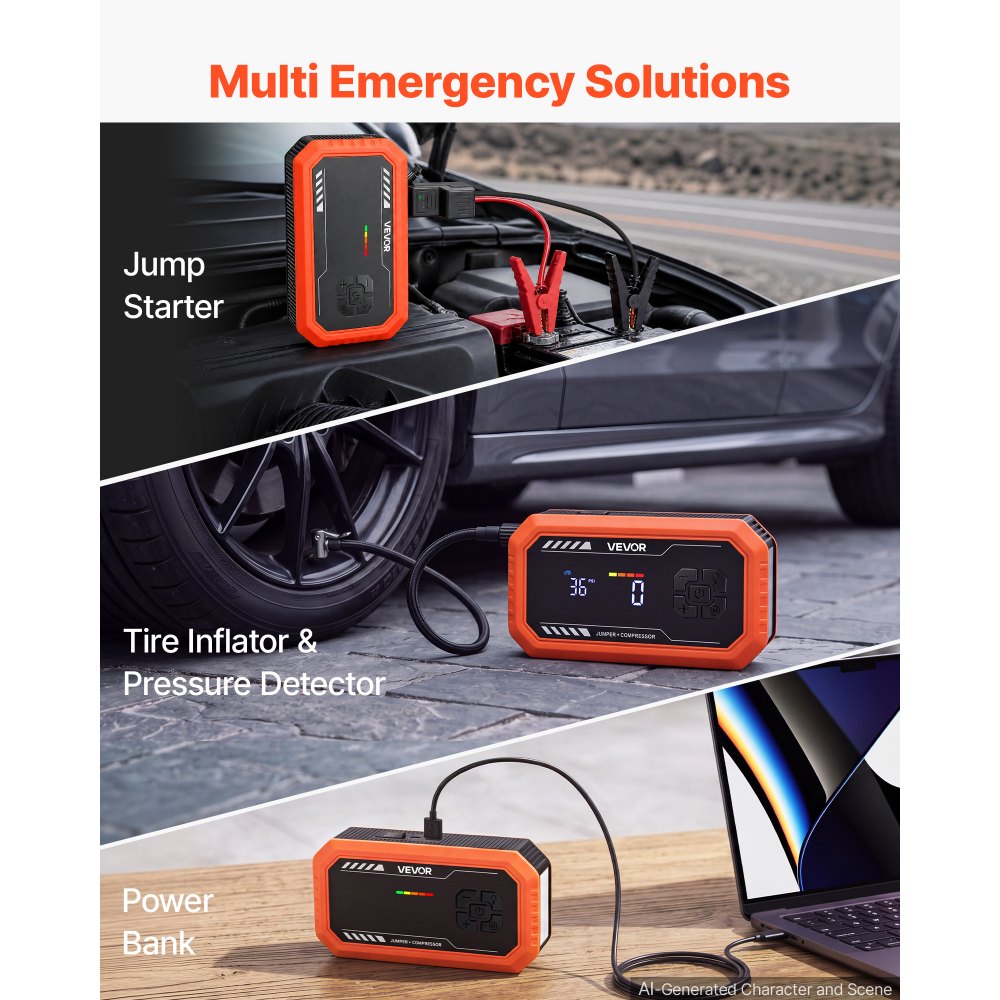 VEVOR Jump Starter with Air Compressor 3000A Peak Car Battery Jump Box, Portable for 9.0L Gas / 6.5L Diesel, 150 PSI Auto-Shutoff Tire Inflator, Power Bank, 12V Battery Charger, with LED Flashlight
