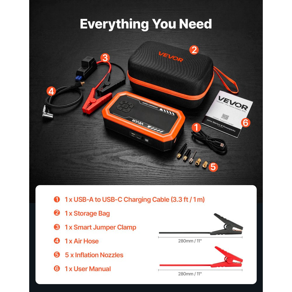 VEVOR Jump Starter with Air Compressor 3000A Peak Car Battery Jump Box, Portable for 9.0L Gas / 6.5L Diesel, 150 PSI Auto-Shutoff Tire Inflator, Power Bank, 12V Battery Charger, with LED Flashlight