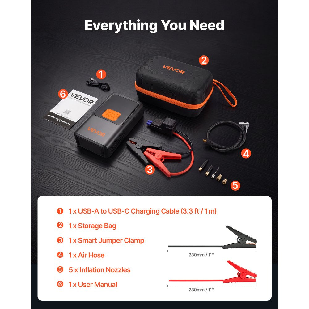 VEVOR Jump Starter with Air Compressor 4000A Peak Car Battery Jump Box, Portable for 9.0L Gas / 8.0L Diesel, 150 PSI Auto-Shutoff Tire Inflator, Power Bank, 12V Battery Charger, with LED Flashlight
