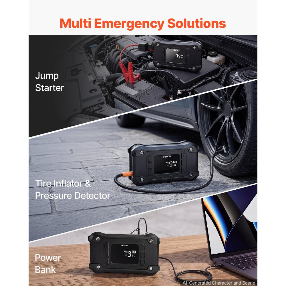 VEVOR Jump Starter with Air Compressor 8000A Peak Car Battery Jump Box, Portable for 9.0L Gas / 8.0L Diesel, 150 PSI Auto-Shutoff Tire Inflator, Power Bank, 12V Battery Charger, with LED Flashlight