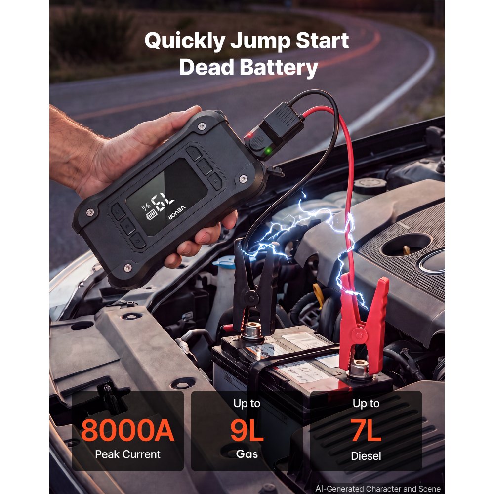 VEVOR Jump Starter with Air Compressor 8000A Peak Car Battery Jump Box, Portable for 9.0L Gas / 8.0L Diesel, 150 PSI Auto-Shutoff Tire Inflator, Power Bank, 12V Battery Charger, with LED Flashlight