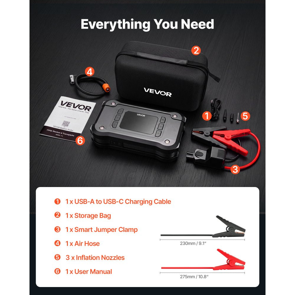 VEVOR Jump Starter with Air Compressor 8000A Peak Car Battery Jump Box, Portable for 9.0L Gas / 8.0L Diesel, 150 PSI Auto-Shutoff Tire Inflator, Power Bank, 12V Battery Charger, with LED Flashlight