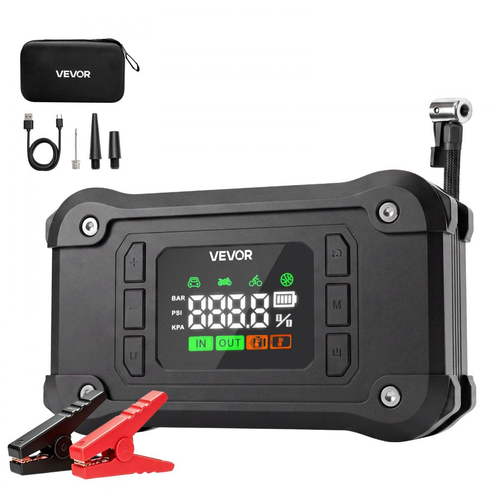 VEVOR Jump Starter with Air Compressor 8000A Peak Car Battery Jump Box, Portable for 9.0L Gas / 8.0L Diesel, 150 PSI Auto-Shutoff Tire Inflator, Power Bank, 12V Battery Charger, with LED Flashlight