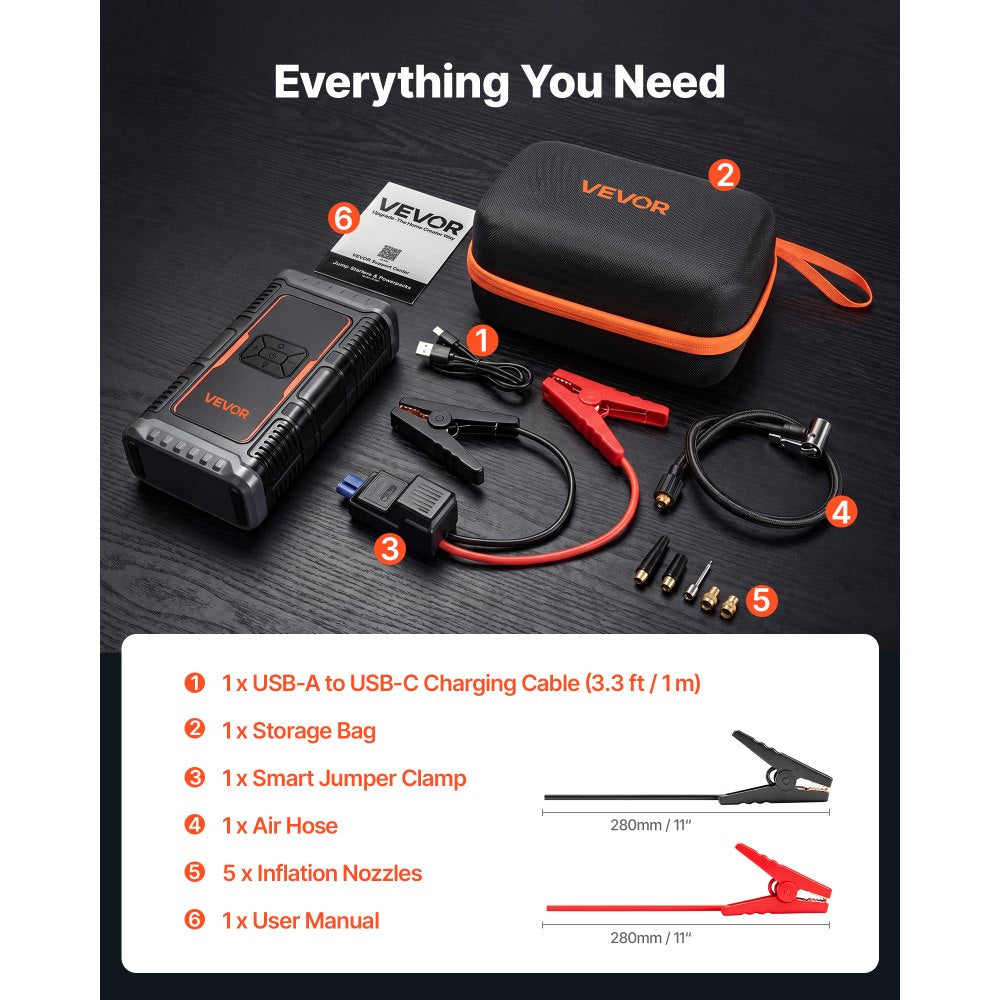 VEVOR Jump Starter with Air Compressor 1600A Peak Car Battery Jump Box, Portable for 6.0L Gas / 3.0L Diesel, 150 PSI Auto-Shutoff Tire Inflator, Power Bank, 12V Battery Charger, with LED Flashlight
