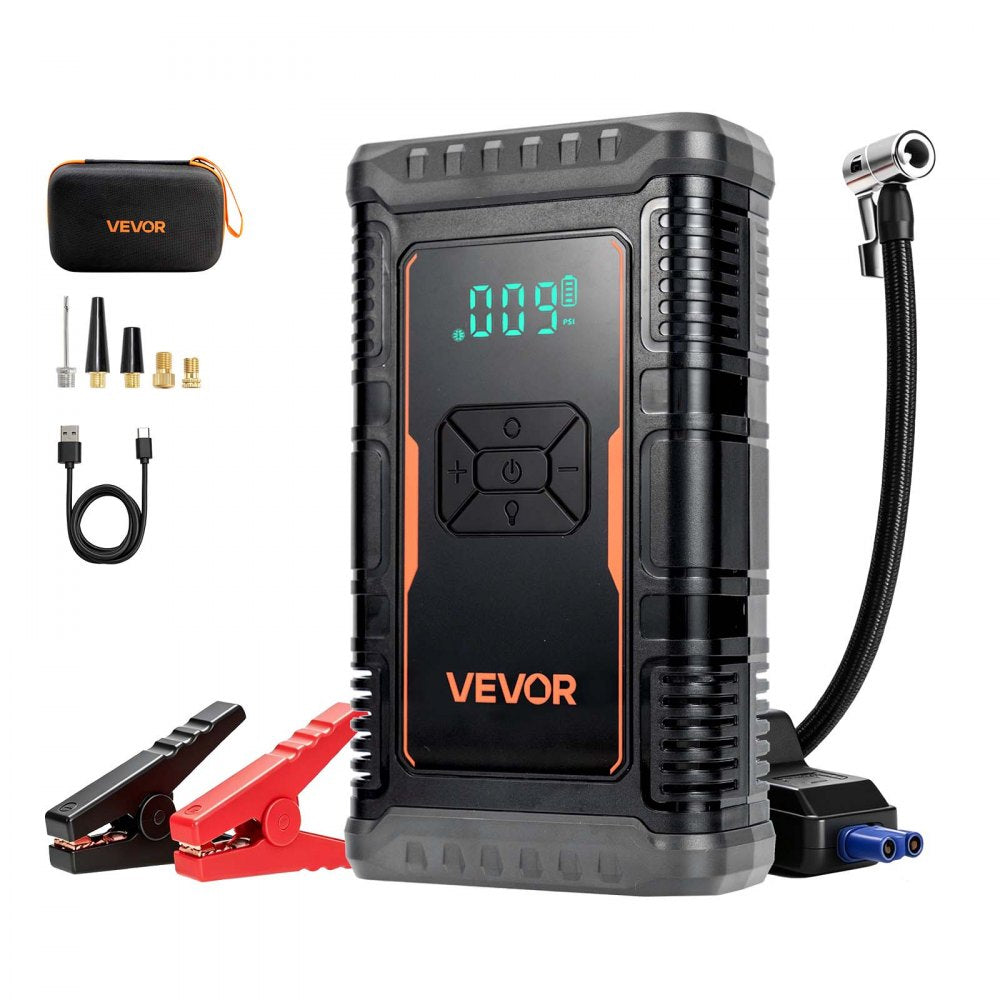 VEVOR Jump Starter with Air Compressor 1600A Peak Car Battery Jump Box, Portable for 6.0L Gas / 3.0L Diesel, 150 PSI Auto-Shutoff Tire Inflator, Power Bank, 12V Battery Charger, with LED Flashlight