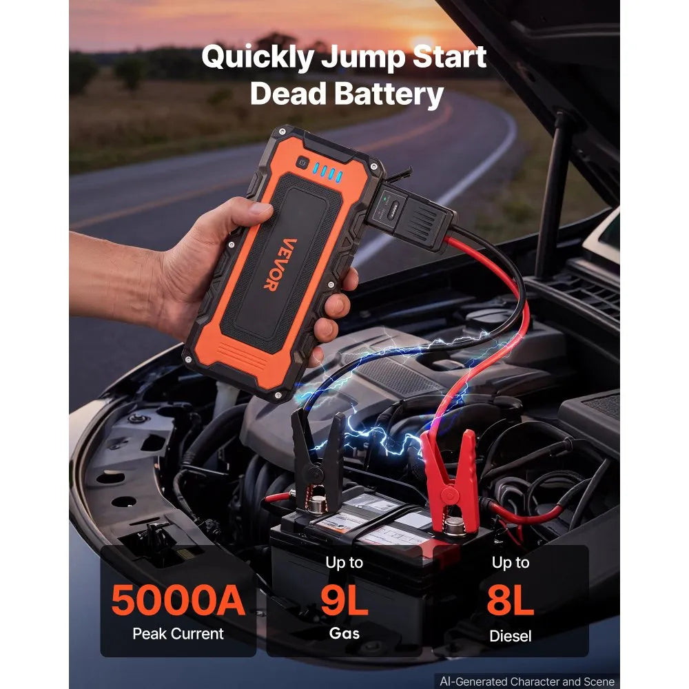 VEVOR Jump Starter 5000A Peak Portable Car Battery Booster Jump Box 12V, for Up to 9.0L Gas / 8.0L Diesel Engine, Power Bank, 3 Mode Emergency LED Flashlight, Lithium Battery Pack, with USB Output