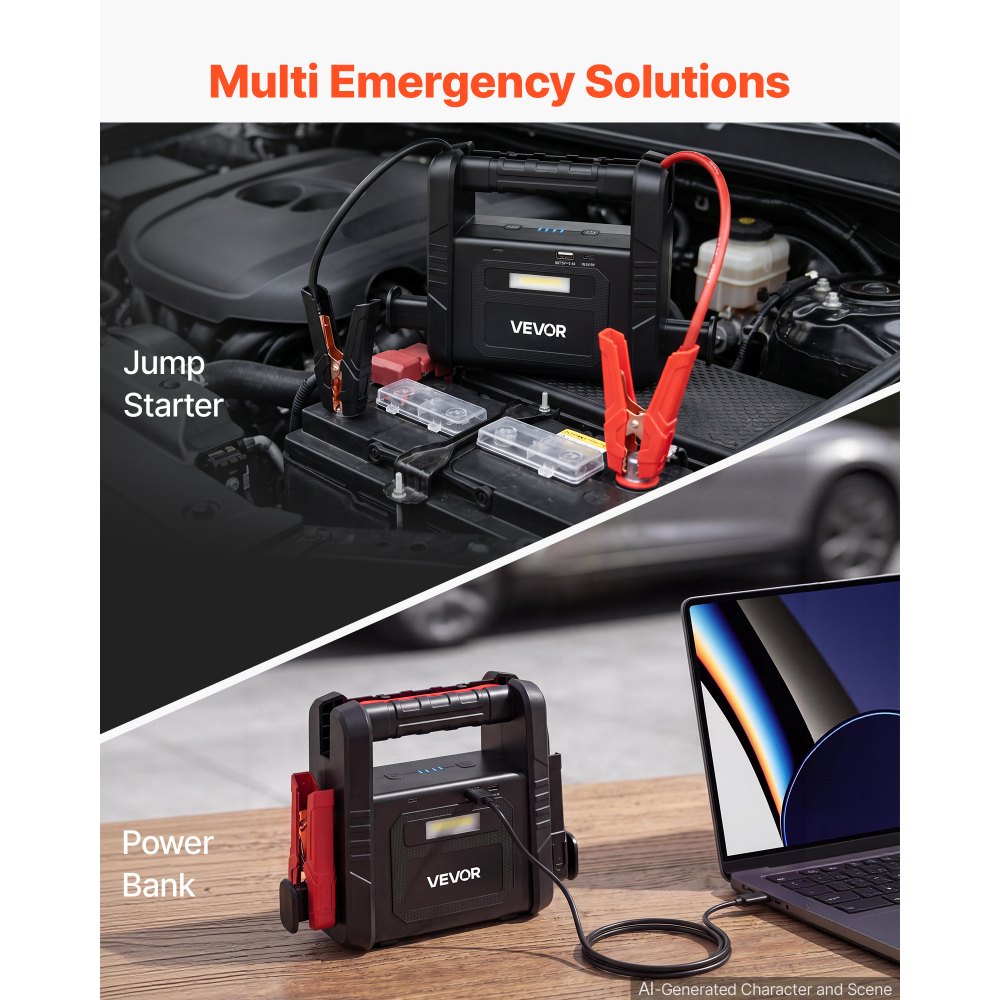 VEVOR Jump Starter 6000A Peak Portable Car Battery Booster Jump Box 12V, for Up to Most Gas / 10.0L Diesel Engine, Power Bank, 3 Mode Emergency LED Flashlight, Lithium Battery Pack, with USB Output
