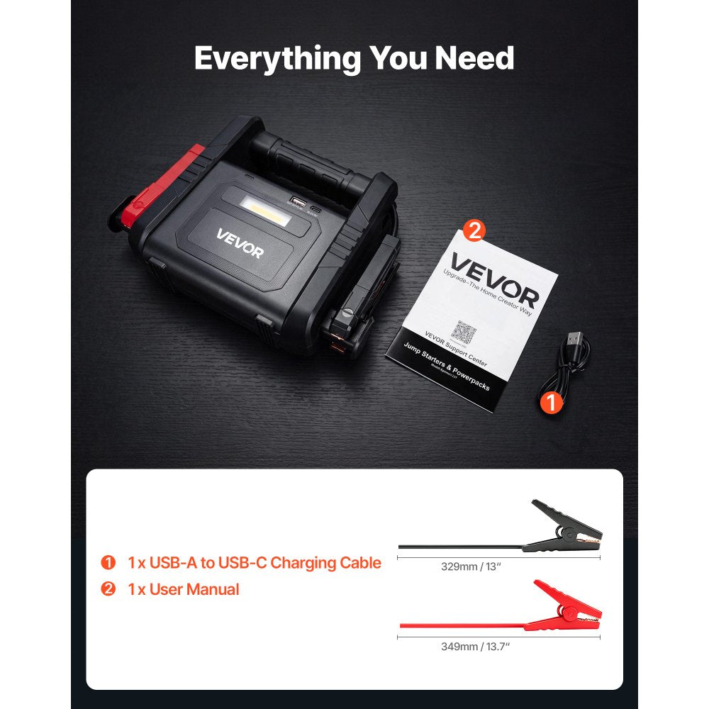 VEVOR Jump Starter 6000A Peak Portable Car Battery Booster Jump Box 12V, for Up to Most Gas / 10.0L Diesel Engine, Power Bank, 3 Mode Emergency LED Flashlight, Lithium Battery Pack, with USB Output