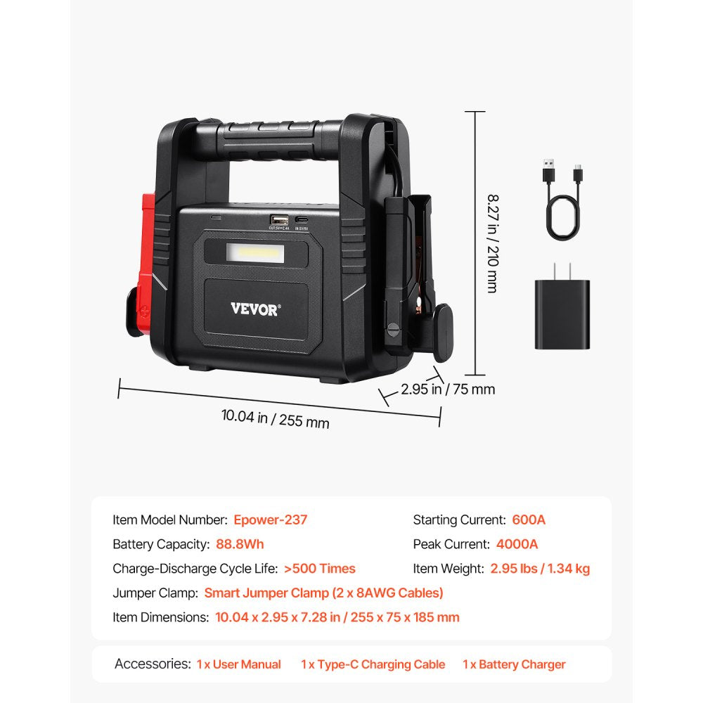 VEVOR 4000A Peak Jump Starter, Portable 12V Lithium Car Battery Booster Pack, Power Bank for All Gas and up to 10L Diesel Engines, with LED Flashlight and Safety Jumper Cables