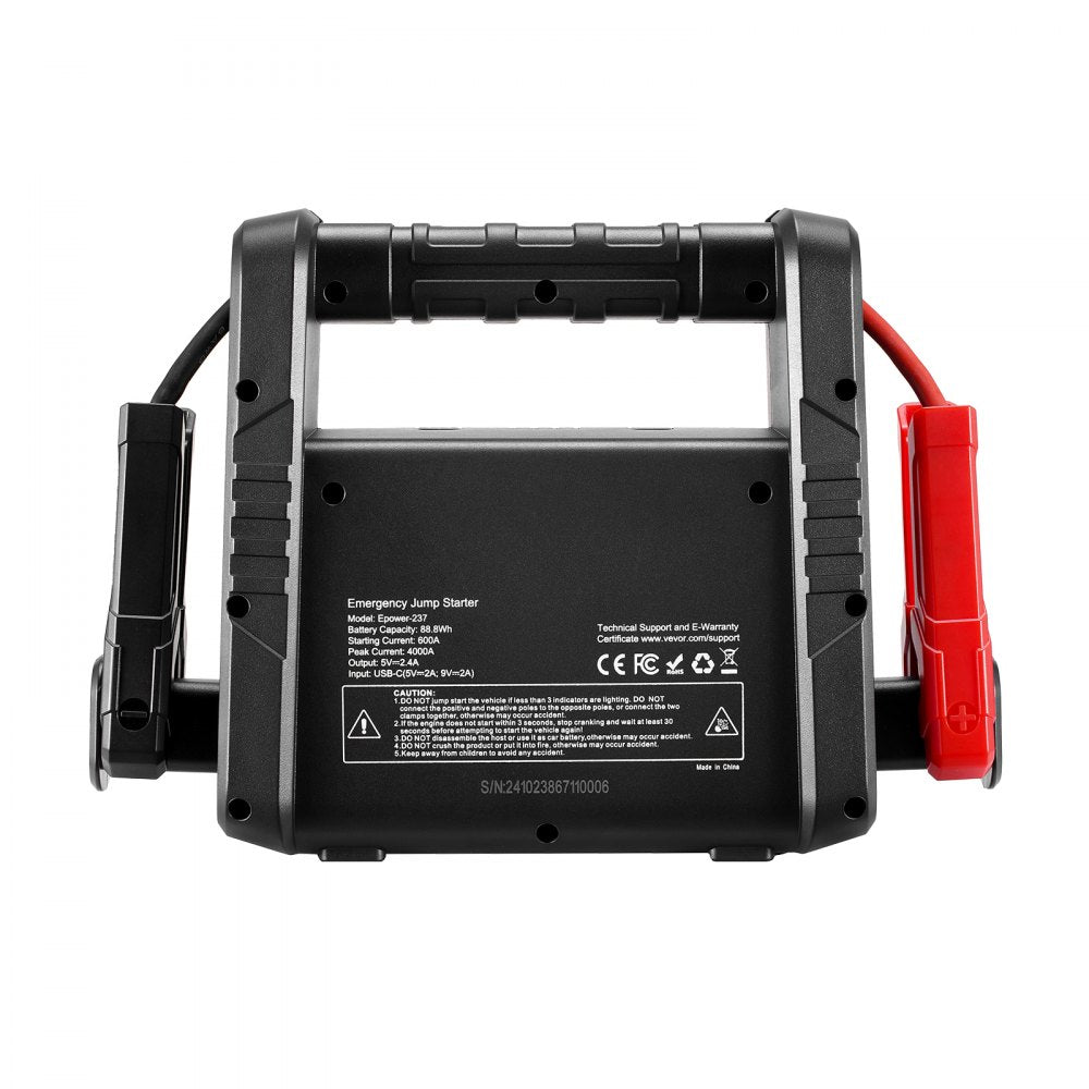 VEVOR 4000A Peak Jump Starter, Portable 12V Lithium Car Battery Booster Pack, Power Bank for All Gas and up to 10L Diesel Engines, with LED Flashlight and Safety Jumper Cables