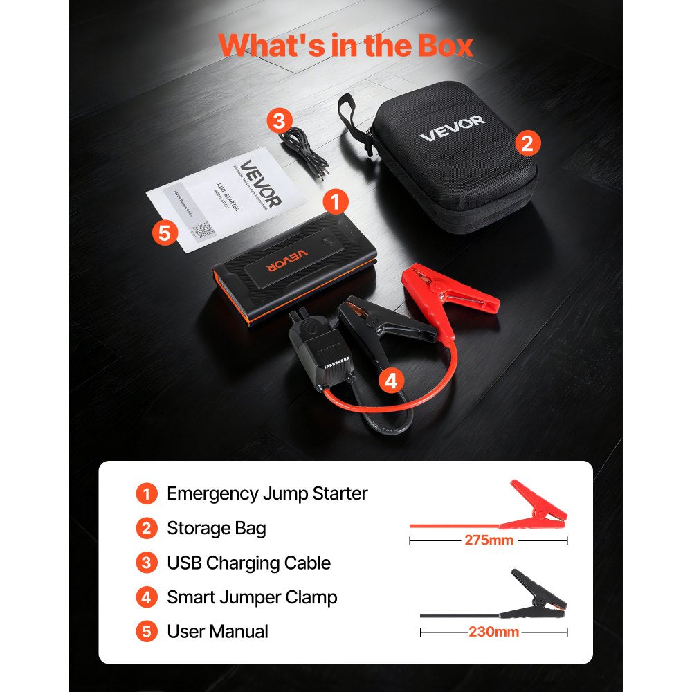 VEVOR Jump Starter, 1000A Peak, Car Jumper Starter Battery Pack, 12V Portable Lithium Battery Booster, Jump Box Power Bank with 3 Modes Flashlight and Jumper Cable, for Up to 5L Gas & 3L Diesel Engine