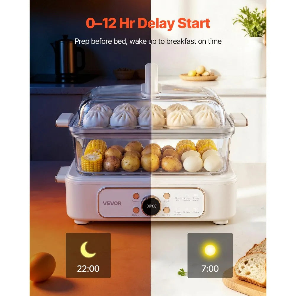 VEVOR Electric Food Steamer 6.3 QT Glass with 2-Tier Stainless Steel Trays, 1200W Vegetable Steamer for Cooking, 1-3 Servings, Pre-Programmed Settings, Delay Start, for Veggies, Seafood & Rice, White