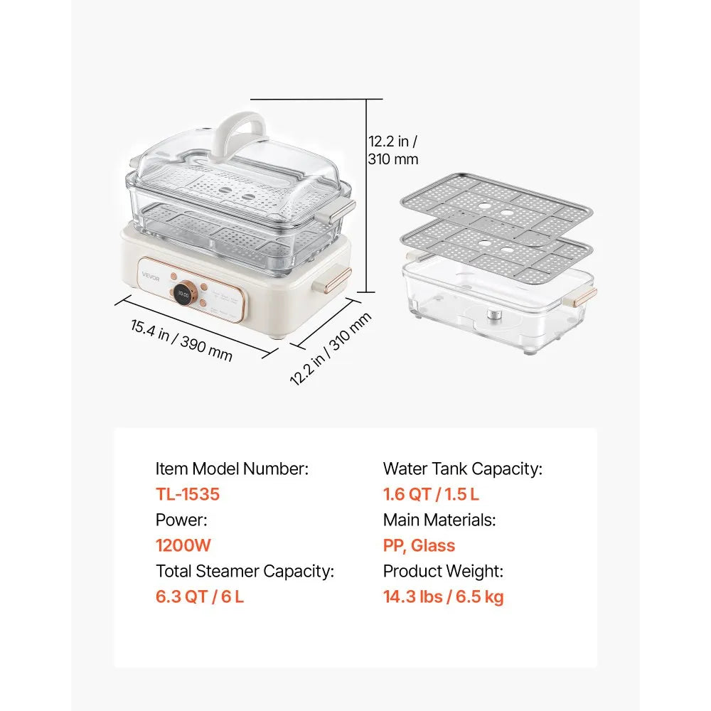 VEVOR Electric Food Steamer 6.3 QT Glass with 2-Tier Stainless Steel Trays, 1200W Vegetable Steamer for Cooking, 1-3 Servings, Pre-Programmed Settings, Delay Start, for Veggies, Seafood & Rice, White