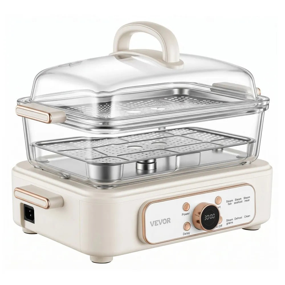 VEVOR Electric Food Steamer 6.3 QT Glass with 2-Tier Stainless Steel Trays, 1200W Vegetable Steamer for Cooking, 1-3 Servings, Pre-Programmed Settings, Delay Start, for Veggies, Seafood & Rice, White