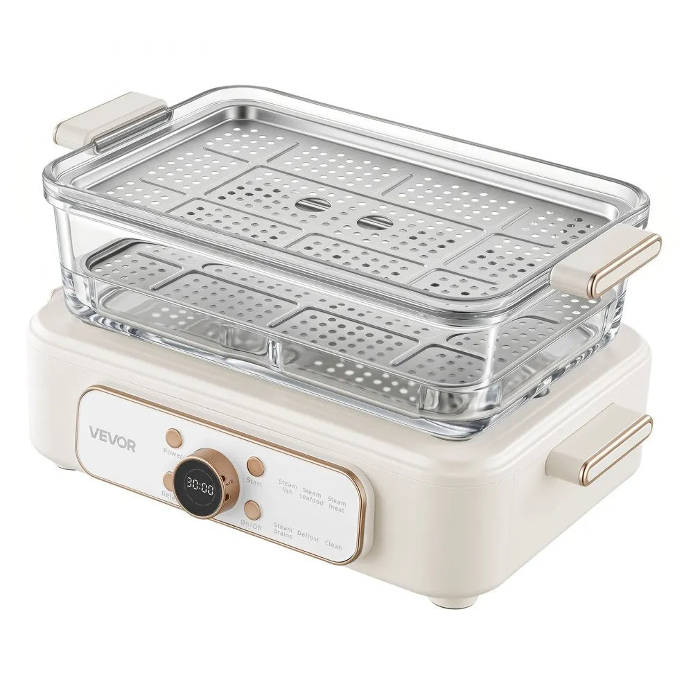 VEVOR Electric Food Steamer 6.3 QT Glass with 2-Tier Stainless Steel Trays, 1200W Vegetable Steamer for Cooking, 1-3 Servings, Pre-Programmed Settings, Delay Start, for Veggies, Seafood & Rice, White
