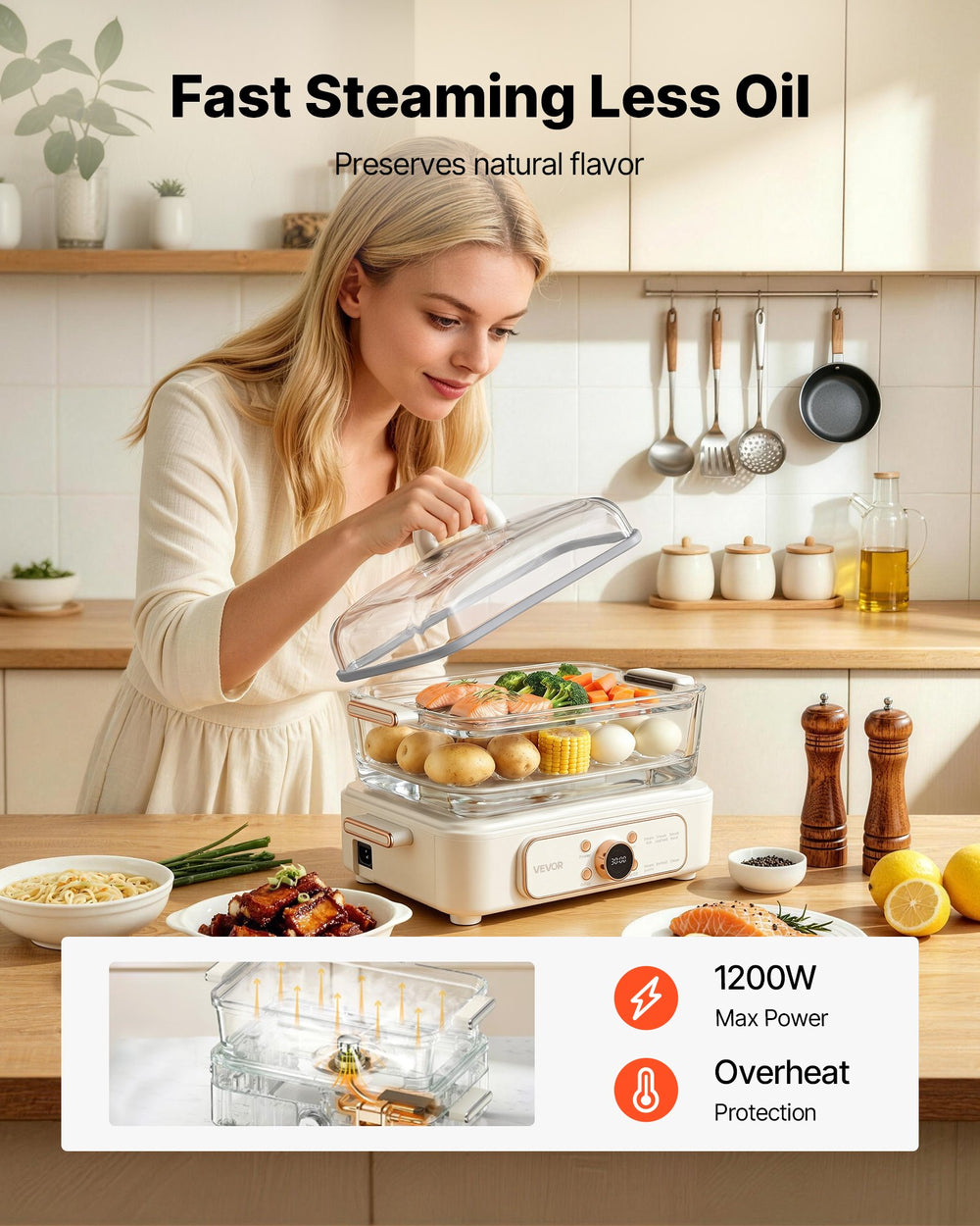 VEVOR Electric Food Steamer 6.3 QT Glass with 2-Tier Stainless Steel Trays, 1200W Vegetable Steamer for Cooking, 1-3 Servings, Pre-Programmed Settings, Delay Start, for Veggies, Seafood & Rice, White