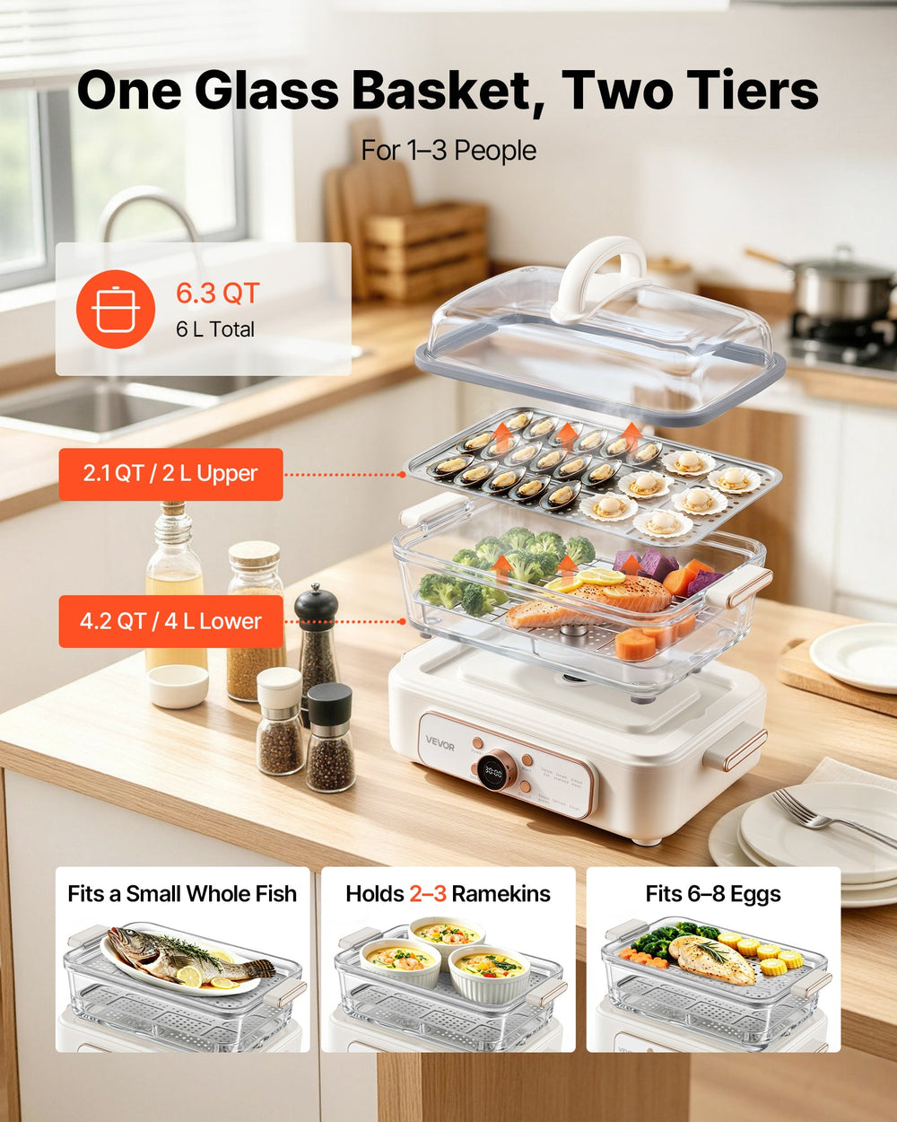 VEVOR Electric Food Steamer 6.3 QT Glass with 2-Tier Stainless Steel Trays, 1200W Vegetable Steamer for Cooking, 1-3 Servings, Pre-Programmed Settings, Delay Start, for Veggies, Seafood & Rice, White