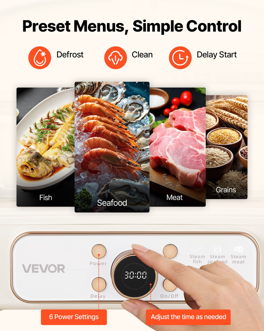 VEVOR Electric Food Steamer 6.3 QT Glass with 2-Tier Stainless Steel Trays, 1200W Vegetable Steamer for Cooking, 1-3 Servings, Pre-Programmed Settings, Delay Start, for Veggies, Seafood & Rice, White