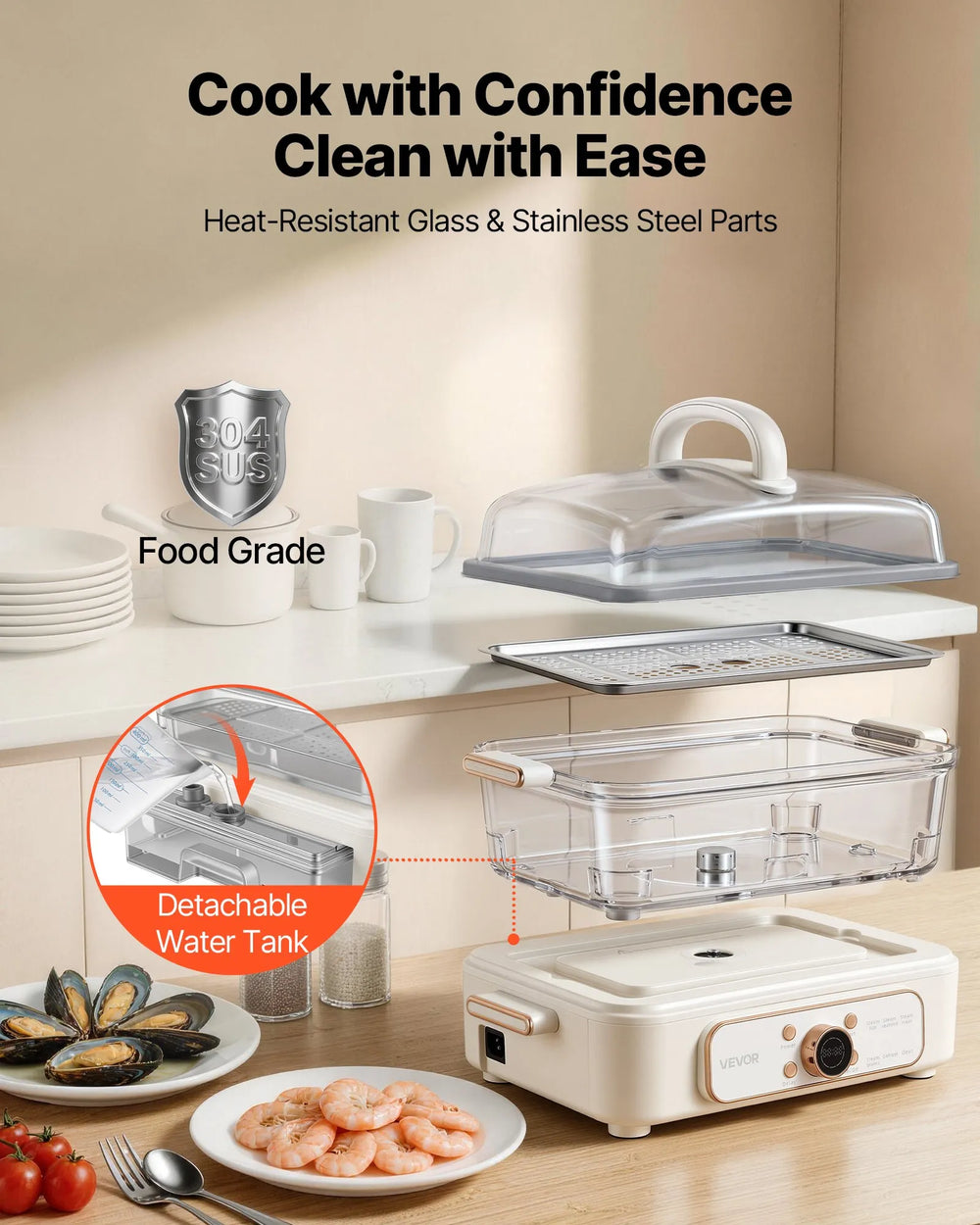 VEVOR Electric Food Steamer 6.3 QT Glass with 2-Tier Stainless Steel Trays, 1200W Vegetable Steamer for Cooking, 1-3 Servings, Pre-Programmed Settings, Delay Start, for Veggies, Seafood & Rice, White