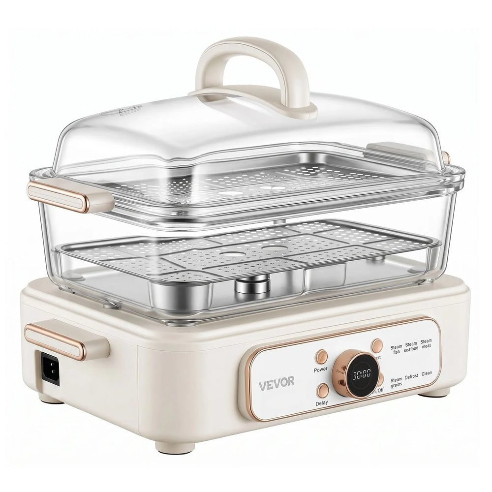 VEVOR Electric Food Steamer 6.3 QT Glass with 2-Tier Stainless Steel Trays, 1200W Vegetable Steamer for Cooking, 1-3 Servings, Pre-Programmed Settings, Delay Start, for Veggies, Seafood & Rice, White