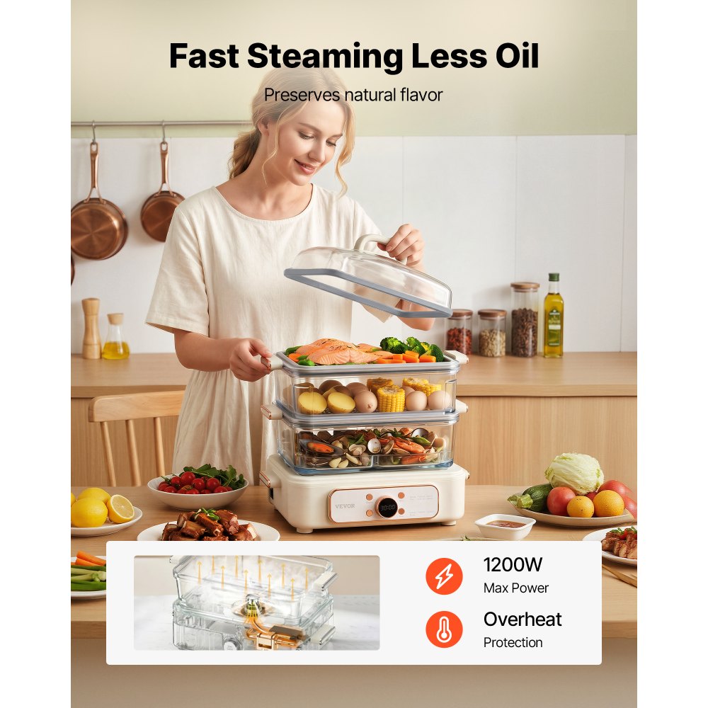 VEVOR Electric Food Steamer 10.6 QT Glass with 3-Tier Stainless Steel Trays, 1200W Vegetable Steamer for Cooking, 2-4 Servings, Pre-Programmed Settings, Delay Start, for Veggies, Seafood & Rice, White