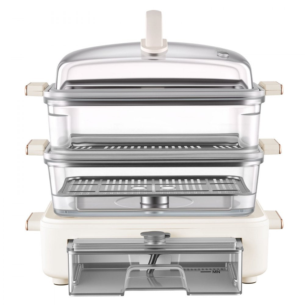 VEVOR Electric Food Steamer 10.6 QT Glass with 3-Tier Stainless Steel Trays, 1200W Vegetable Steamer for Cooking, 2-4 Servings, Pre-Programmed Settings, Delay Start, for Veggies, Seafood & Rice, White