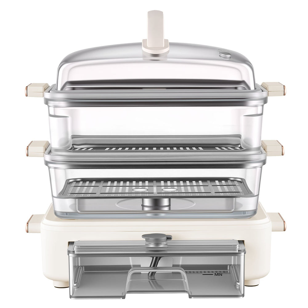 VEVOR Electric Food Steamer 10.6 QT Glass with 3-Tier Stainless Steel Trays, 1200W Vegetable Steamer for Cooking, 2-4 Servings, Pre-Programmed Settings, Delay Start, for Veggies, Seafood & Rice, White