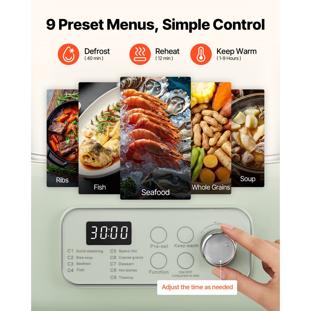 VEVOR Electric Food Steamer 13.7 QT 2-Tier Stainless Steel for 3-6 Servings, 1500W Vegetable & Meal Steamer for Cooking with 9 Pre-Programmed Settings, Keep Warm, for Veggies, Seafood & Rice, Green