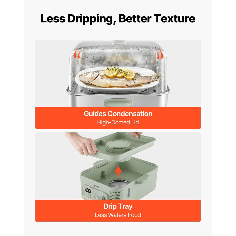 VEVOR Electric Food Steamer 13.7 QT 2-Tier Stainless Steel for 3-6 Servings, 1500W Vegetable & Meal Steamer for Cooking with 9 Pre-Programmed Settings, Keep Warm, for Veggies, Seafood & Rice, Green