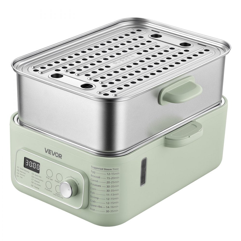 VEVOR Electric Food Steamer 13.7 QT 2-Tier Stainless Steel for 3-6 Servings, 1500W Vegetable & Meal Steamer for Cooking with 9 Pre-Programmed Settings, Keep Warm, for Veggies, Seafood & Rice, Green