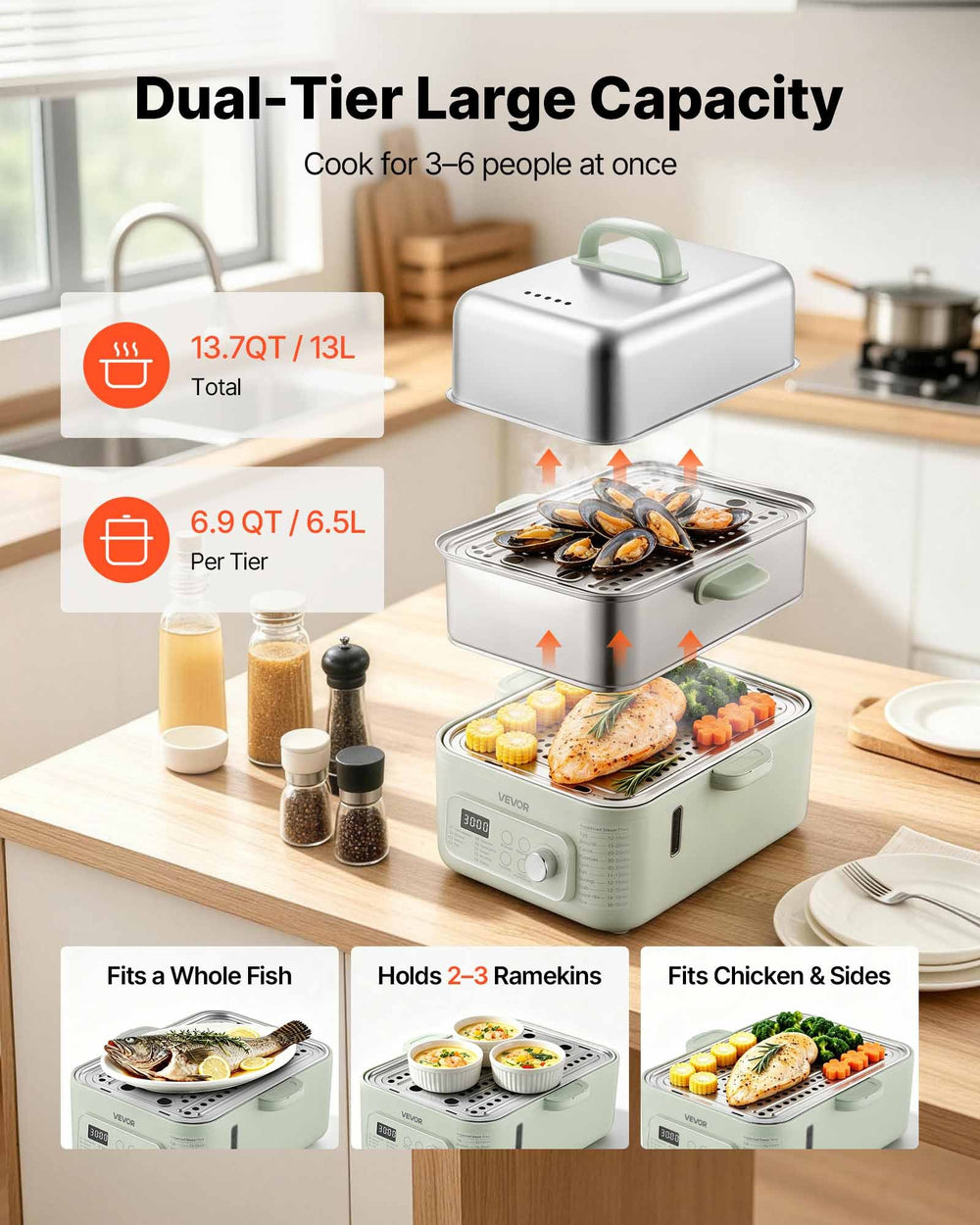 VEVOR Electric Food Steamer 13.7 QT 2-Tier Stainless Steel for 3-6 Servings, 1500W Vegetable & Meal Steamer for Cooking with 9 Pre-Programmed Settings, Keep Warm, for Veggies, Seafood & Rice, Green