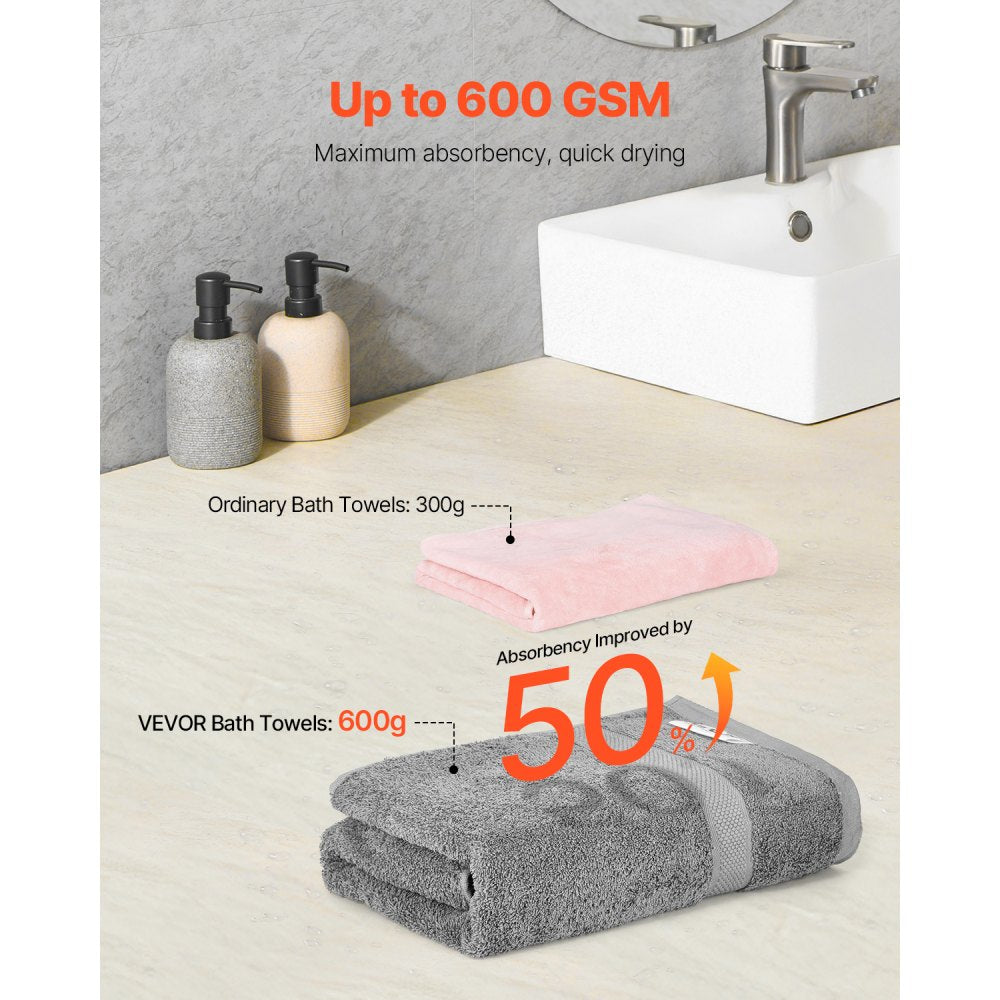 VEVOR 6-Piece Towel Set, 600 GSM 100% Cotton Towels for Bathroom, 2 Bath Towels, 2 Hand Towels and 2 Washcloths, Highly Absorbent & Quick Drying Bathroom Towels for Bathroom, Gym, Hotel, and Spa