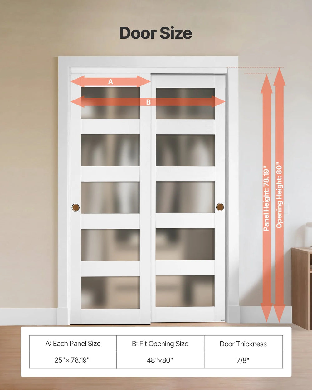 Door size diagram showing each panel 25" x 78.19", fit opening 48" x 80", thickness 7/8"