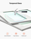 Tempered frosted glass illustration highlighting scratch resistance, high hardness, and shatter-proof design