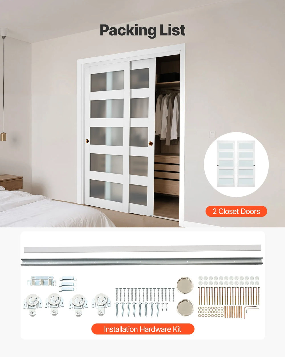 VEVOR Sliding Closet Door, 60" (Double 31") x 80", 5-Lite Frosted Glass Bypass Sliding Doors with Hardware Kit & Floor Guide