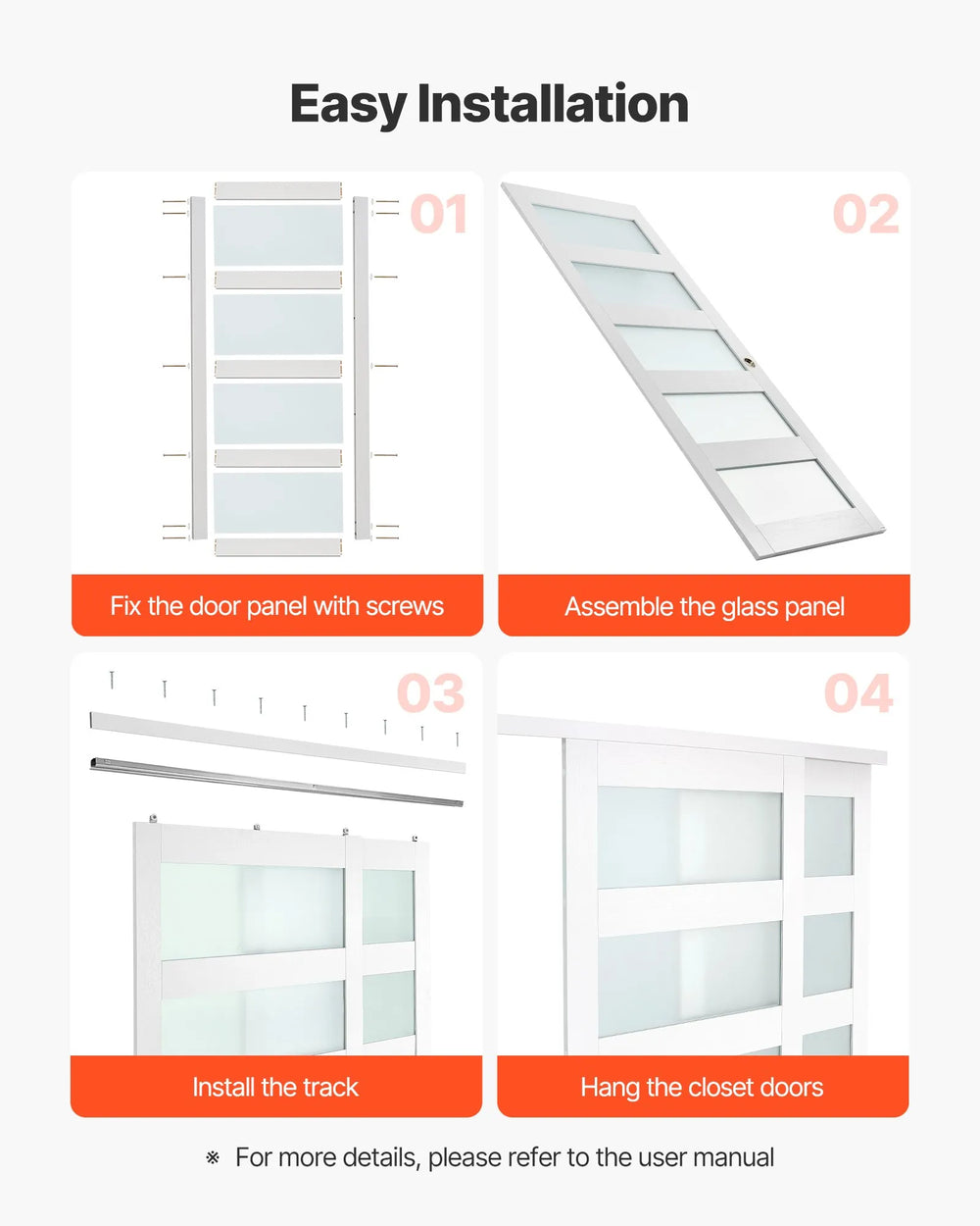 VEVOR Sliding Closet Door, 60" (Double 31") x 80", 5-Lite Frosted Glass Bypass Sliding Doors with Hardware Kit & Floor Guide