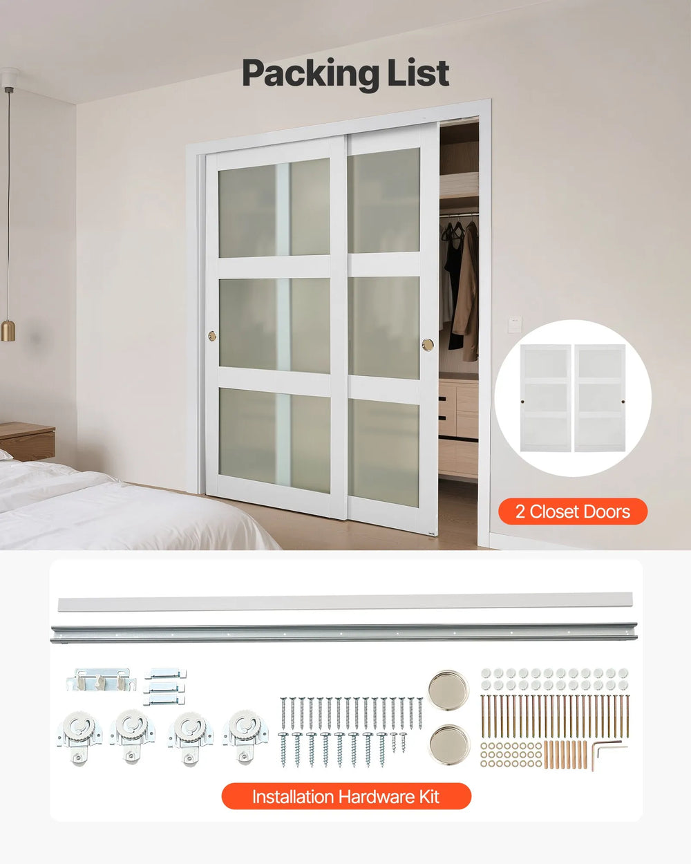 Packing list showing 2 closet doors and installation hardware kit