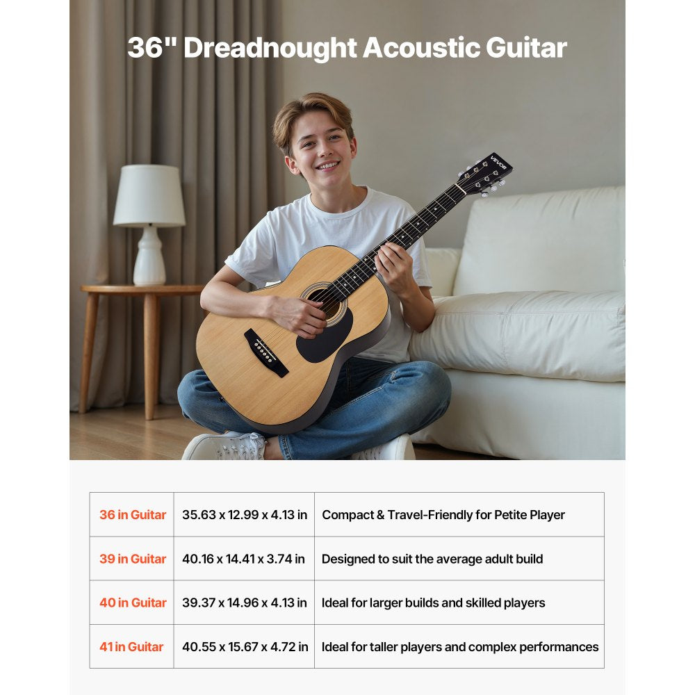 VEVOR Dreadnought Acoustic Guitar, 36 in, 6-String Natural Solid Top Guitar, Portable Bundle with Gig Bag, Tuner, Strap, Steel Strings, Picks, Capo, Rosewood Fingerboard, for Beginner Teen Small Hands