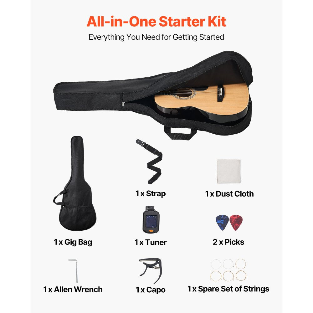 VEVOR Dreadnought Acoustic Guitar, 36 in, 6-String Natural Solid Top Guitar, Portable Bundle with Gig Bag, Tuner, Strap, Steel Strings, Picks, Capo, Rosewood Fingerboard, for Beginner Teen Small Hands